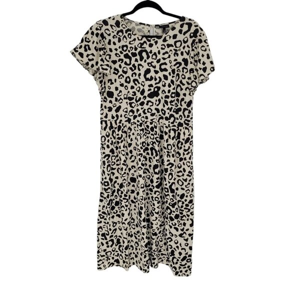 Who what wear black white leopard cow midi dress short sleeve linen blend Large - Picture 1 of 11